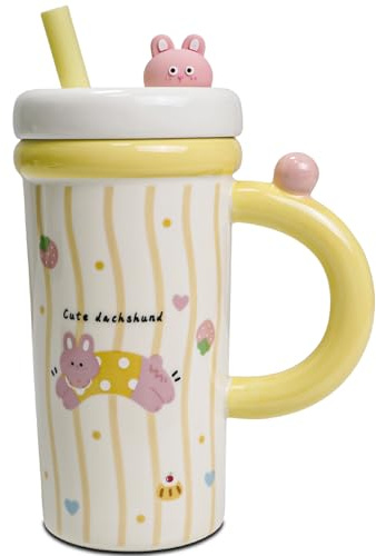 Mugtide Taza de Cerámica, con Pequeños y Lindos Adornos Incrustados en La Tapa, Viene con Una Pajita, Adorable Taza de Té de Cerámica, Un Regalo para Niños, Niñas y Familiares (Conejo)
