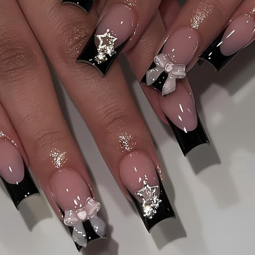 French Tip False Nails - Long Medium Black Square Coffin Press On Nails With Bow Design - Glitter Ballet Fake Nail-s With Glue Full Cover Nail-s Press Ons Women Girls Nail Art