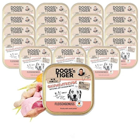 Dogs'n Tiger Gaumenfreude Nassfutter Hund Schale, Geflügel, 20x 150g | Hundefutter nass, mit Süßkartoffel, hoher Fleischanteil, getreidefrei, ohne Zuckerzusatz, ohne Konservierungsstoffe