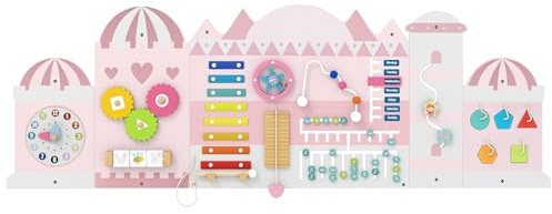 DREAMADE Montessori Busy Board, Motorikbrett aus Holz mit Blöcken & Xylophon & Zahnrädern & Uhr, Montessori Wandboard Motorikspielzeug für Kinder ab 3 Jahren (Burg-Rosa)