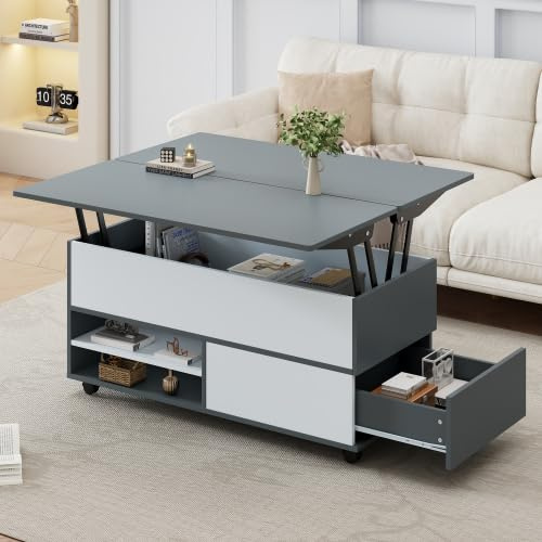 Merax Höhenverstellbarer Couchtisch mit Verstecktem Stauraum und Ablage – Multifunktionaler Wohnzimmertisch in Grau-Weiß mit Rollen und Schubladen, 100 x 98 x 65 cm