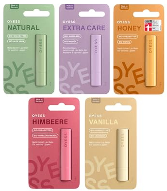 OYESS läppvård set om 5 – honey, hallon, extra care, naturlig och vanilj – (5 × 4,8 g) naturligt läppbalsam med ekologiska ingredienser för mjuka och välskötta läppar