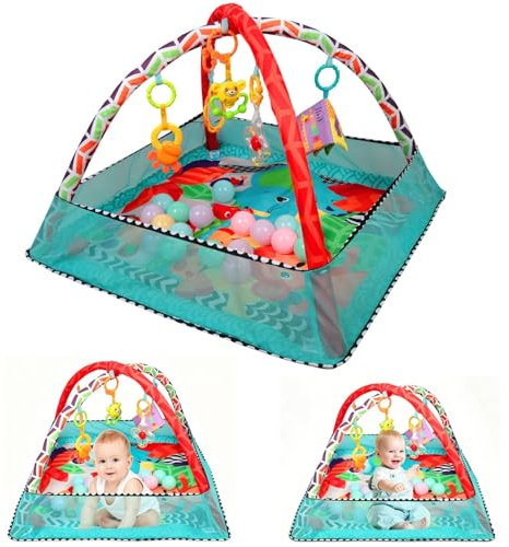 Belfoyer Spielbogen Baby Rosa mit 18 Bällen, Faltbare Krabbeldecke mit Spielbogen & Spielmatte, 3-in-1 Baby Spielmatte für Mädchen, Weiche Activity Decke für Motorik & Bauchzeit, 80x80x50cm