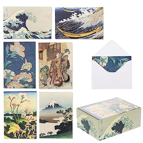 The Gifted Stationery Boîte de cartes de vœux assorties – Cartes avec intérieur vierge et enveloppes – Papeterie japonaise Hokusai pour remerciements et cartes d'anniversaire – Souhaits pour toutes