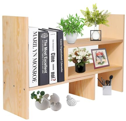 Flexzion Étagère de Bureau en Bois Naturel - Organiseur de Bureau réglable et Extensible - Organiseur de Bureau - Organiseur de Table - Présentoir (Beige)