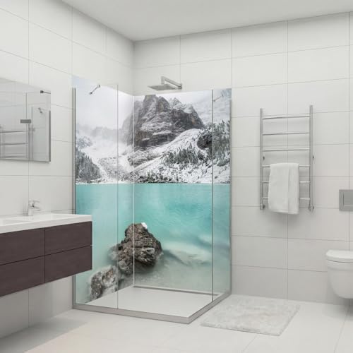 dedeco Eck-Duschrückwand wasserfest mit Berg Motiv - 2 x 90x200cm, als Badrückwand zum Fliesenersatz, für viele Bäder als Dekorwand, Wandverkleidung und Duschplatte aus Aluminium - Made in Germany