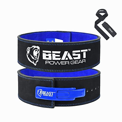 Beastpowergear Viktlyftningsbälte med spakspänne|10 mm tjockt och 10 cm bred|Gratis rem – avancerat ryggstöd för tyngdlyftning, tyngdlyftning, marklyft, knäböj män och kvinnor (svart/blå, medium)