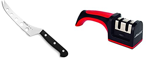 Arcos Universal Cuchillo, Acero Inoxidable, Negro, 190 mm + Afiladores, Afilador de Cuchillos de Mano, Hecho de ABS + TPE, Rodillos Cerámico y Carburo, Color Rojo y Negro