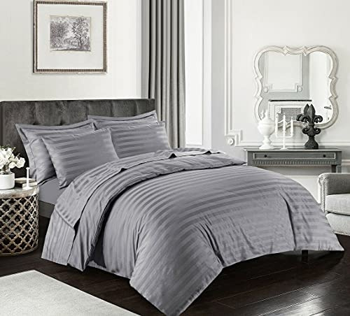 HOMES-LINEN Luxury Stripe Duvet Cover Set 400 Thread Count Satin Stripe Duvet Cover Set Original 400 Thread Count 100% Egyptian Cotton Hotel Quality Bedding Bed Set Quilt Cover (Grey, King)