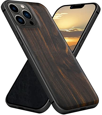 Carveit Coque pour iPhone 13 Pro Max Étui Bois, (Sombre-Façon Bois Brut)