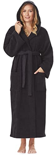 Arus Accappatoio da donna con cappuccio, llunghezza alla caviglia, 100% cotone spugna, Nero, S-M lunghe