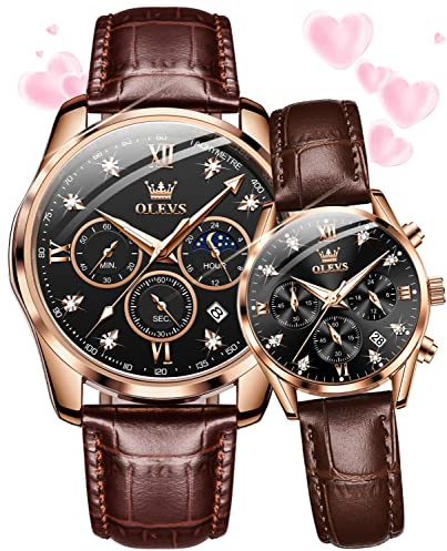 OLEVS Valentines Couple Pair Quartz Watches His and Her Couple Set Leather Chronograph Diamond Black Wrist Watch Men Women Lovers Wedding Romantic Gifts Set of 2