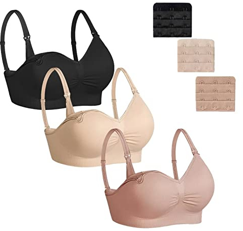 Dreamburn amnings-BH för moderskap 1/2/3-pack trådlös sömlös amningsbehåar 4 rader justera krok med avtagbara spillförebyggande dynor lägg till förlängare bekväm, Svart+beige+ rosa2 Ⅱ, XL
