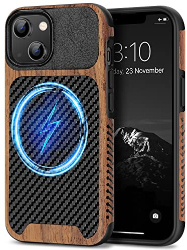 TENDLIN Coque Magnétique Compatible avec iPhone 14 Etui Hybride en Bois et Carbone et Cuir Compatible avec MagSafe (Noir)