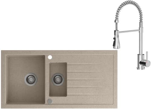 VBChome Spülbecken mit Armatur 100 x 50 cm Einzelbecken Beige Granit Rechteckig Reversibel Einbauspüle Gesprenkelt Großes Tiefes Becken Siphon Armatur