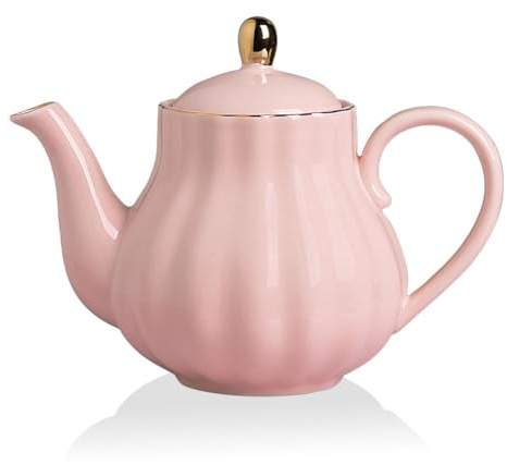 Sweejar Home Royal Teekanne, Keramik-Teekanne mit abnehmbarem Edelstahl-Teesieb, blühende & lose Blätter-Teekanne – (5–6 Tassen), 1100 ml (Rosa)
