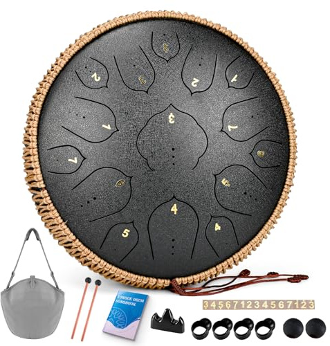 Steel Tongue Drum - natraldrum 15 Note 14 Inch Tongue Drum Instrument - Hand Pan Drums with Music Book, Steel Handpan Drum Mallets and Carry Bag, D Major for Meditation or Yoga(black)