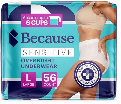 Because Adult Incontinence Underwear for Sensitive Skin - Women - Premium Overnight Disposable Briefs, Anti Odor - White, Large - Absorbs 6 Cups - 56 Count (4 Packs of 14)