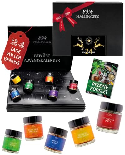 Hallingers Genuss Manufaktur Gewürz Adventskalender - 24 Gewürze aus aller Welt in edler Box mit Rezept-Booklet Goldene Elche, Weihnachtskalender für Frauen Männer