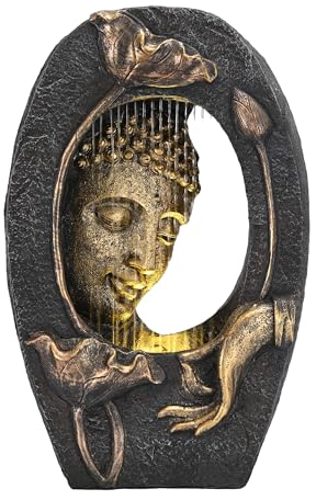 TERESA'S COLLECTIONS Fontaine d'extérieur avec lumière LED et pompe pour décoration de jardin, statue de Bouddha dorée avec cascade pour intérieur, grande sculpture zen relaxante pour terrasse,