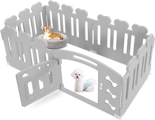 MAMIZO Welpenauslauf 60cm, Laufstall Hund 5+1 PCS Platten, Plastik Welpenlaufstall, Faltbare Hundegitter, Hundezaun mit Tor, Inkl. Saugnäpfe & Erdanker, Hundekäfig für Zuhause und Outdoor, Grau