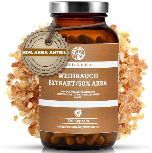 QIDOSHA® Weihrauch AKBA Kapseln, höchster AKBA-Gehalt am Markt, 120 Stk/Glas, 250mg Weihrauch-Extrakt mit 125mg AKBA je Kapsel, 80% Boswellia-Säuren, AKBA Kapseln hochdosiert mit 50% AKBA