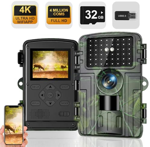 Lutranstra Wildkamera, 4K Video Wildtierkamera, 60MP Full HD WLAN mit Handyübertragung APP, Bewegungssensor, Nachtsicht, 0,1s Auslösezeit, Infrarot Wildkamera mit 32GB Speicherkarte &Kartenleser IP66