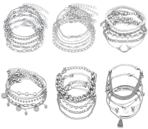 LOCCY 27 Stück Boho Armband Damen Silber Set Armbänder Set Silber Twist Figaro Ketten Armbänder Stapelbare Armband für Damen Mädchen