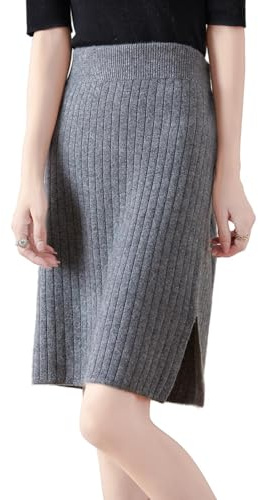 Ailaile Jupe courte pour femme, automne hiver, 100 % laine mérinos, jupe tricotée, jupe côtelée, taille élastique, jupe fendue, gris foncé, Taille S