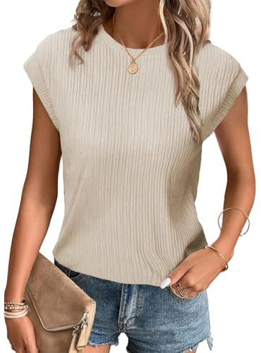 Tanmolo T-Shirt Damen Oberteile Sommer Tank Top mit Flügelärmeln Rundhals Strukturiertes Strickmaterial Unifarben Basic Bluse Elegant Casual Hellkhaki, L