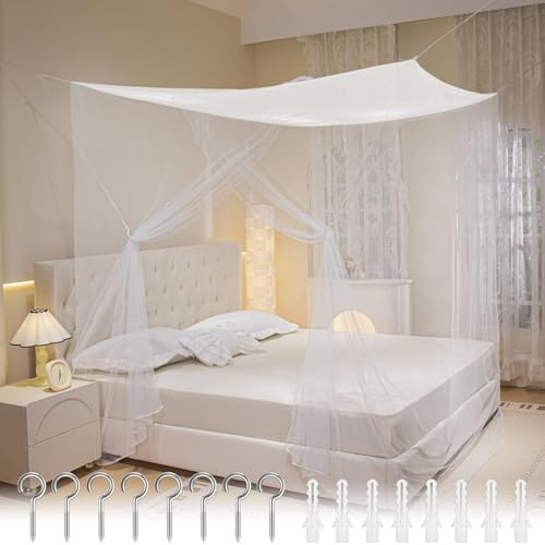 Moustiquaire pour lit double simple, grand ciel de lit avec kit de montage, en polyester et maille fine Blanc 200 x 180 x 165 cm