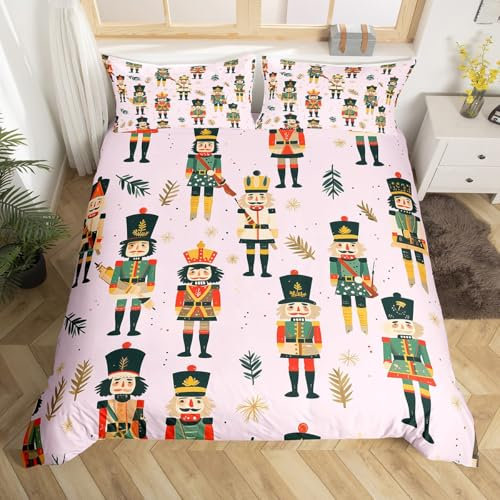 Homemissing Pink Merry Christmas Bedding Set Christmas Nutcracker Comforter Cover Set Single Size Xmas Deer Elk Decor Duvet Cover Quilt Cover Cartoon Nutcracker Bedding Collection 3Pcs