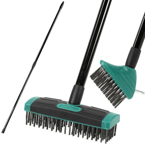 Taylor & Brown 3 in 1 Telescopic Weed Remover Brush Wire Head Paving Decking Clean Scrub Moss Weed Remover Tool Wire Brush Scraper Set with Metal Broom & Weed Removal Head Green
