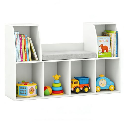 IFANNY Toy Storage Organizer, Kids Bookshelf with Reading Nook, 6 Cubby Bookcase with Soft Seat Cushion, Toy Storage Bench, Book Shelf for Kids Rooms, Nursery, Living Room, Entryway (White)