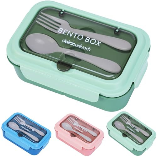 Lunch Box,1200ml Leakproof Bento Lunch Box,Food Container with 3 Compartments and Cutlery,BPA Free Containers Suitable for Adults and Kids (Green)
