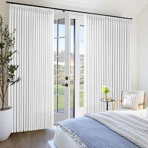 Seeluck Snow White Pinch Pleat Linen Curtains 102 Inches Long 70 Inch Wide for Patio Sliding Door Light Filtering Semi Sheer Pleated Drapes Back Tab Extra Wide 70 x 102 Curtain for Living Dining Room