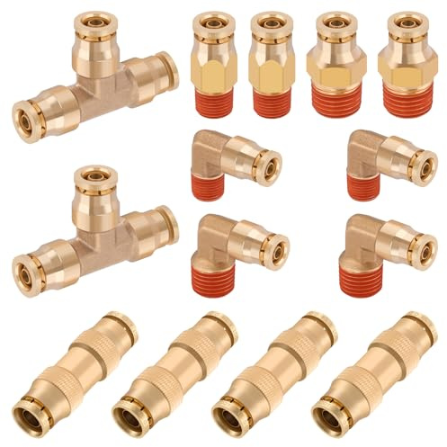 XaXmTee 14 Pcs 1/4 Brass DOT Air Line Fittings Kit 1/8 1/4 DOT Push Lock Air Fittings NPT Thread & Quick Connect Air Hose Fittings Kit