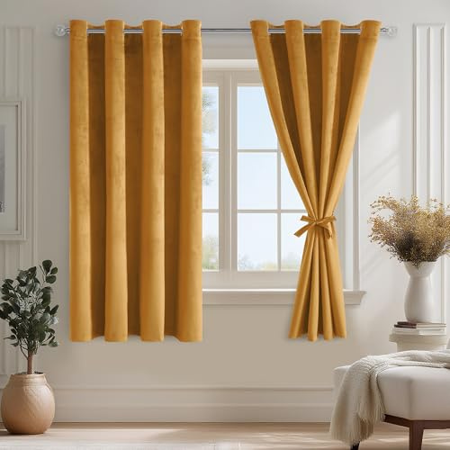 DWCN Tende corte in velluto giallo senape, set da 2 pezzi, altezza 145 x larghezza 140 cm, con cravatte, opache, in velluto, per camera da letto, soggiorno, morbida tenda oscurante in velluto