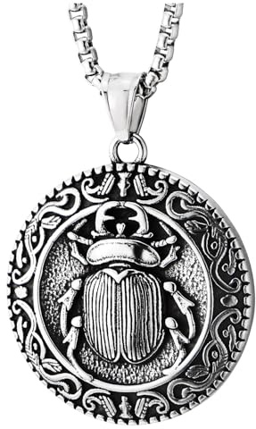 COOLSTEELANDBEYOND Skarabäus Käfer Medaillon Halskette für Herren, Antiker Ägyptischer Stil, Edelstahl Anhänger, Gothic Punk Schmuck