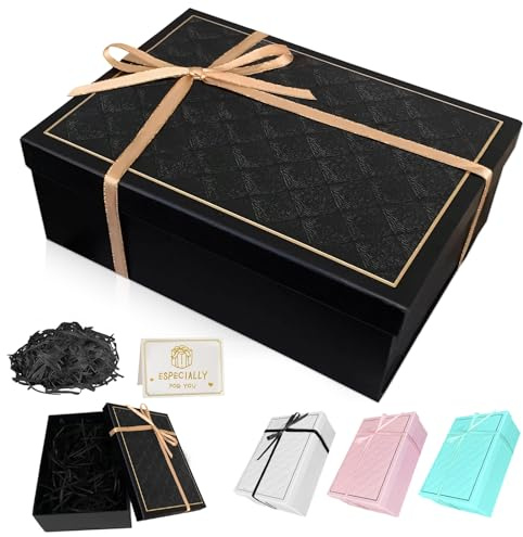 Geschenkbox mit Deckel, 25x18x8.5cm Falt Geschenke Box mit Schleifen, Raffia, Grußkarten - Set, Geschenkbox Geburtstag für Valentinstag Geburtstage Weihnachten Hochzeit (Black Gift Box)