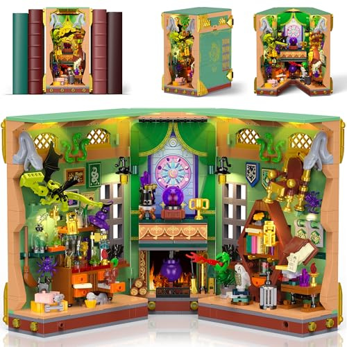 OKKIDY Magic Potion Book Nook Building Set with Light, DIY Booknook Building Block kit for Home Decor Bookshelf, 1033 PCS Miniature Bookend House Building Brick Toy Gift for Adult Kids Boy Girl Age 8+