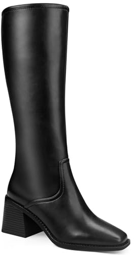 Quorvash Knee High Boots Women - Long Elastic Faux Leather Boots Tall Square Toe Chunky Block High Heel Shoes with Side Zipper Black 6.5