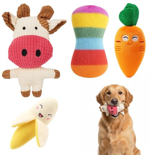 SongBuydn Hundespielzeug Set, Hundezubehör Für Kleine Hunde, 4 Stück Quietschespielzeug Für Welpen, Karotte, Mais, Banane Und Knochen, Ideal Für Welpenspielzeug Und Kleine Welpen