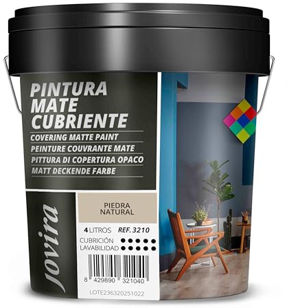 JOVIRA PINTURAS Pintura Mate Cubriente | Colores | Pintura interior-exterior con excelente poder cubriente. (4 Litros, Piedra Natural)-T
