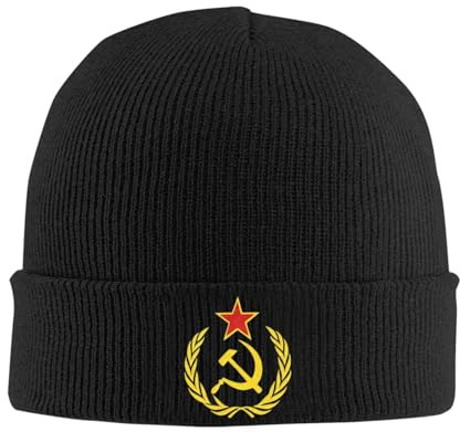 Winter Warmth,CCCP USSR Russian Beanie Hats Soviet Union Hammer and Sickle Bonnet Hats Female Male Vintage Gym Knitted Hat Head Wrap Caps Black