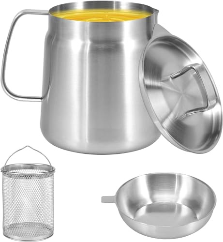 Stainless Steel Oil Filter Pot, 2L Oil Strainer Can with Mesh Strainer & Frying Basket,2 in 1 Frying Oil Storage Tank for Storing Frying Oil & Cooking Grease