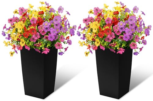 Set of 2 Artificial Flowers with Black Tall Planter Pot, Fake Viola Flowers Faux African Violet Plants Outdoor Indoor Decoration for Home Garden Porch Balcony Patio Wedding (Multiple Million Bells)