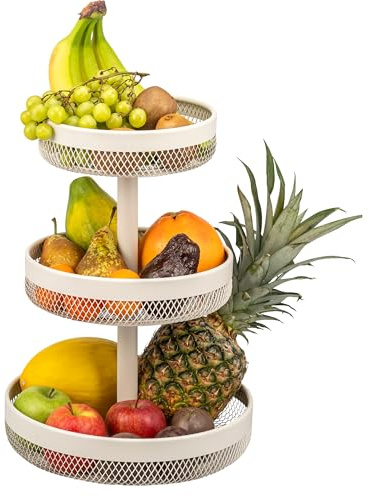 eluno 3-stöckige runde Obstetagere/Brotkorb, Körbe mit einem Ø von 20 cm, 25 cm und 30 cm, Obstkorb, viel Platz für Obst, Gemüse, Brot und Snacks in Küche und Wohnzimmer, aus Metall (Beige)