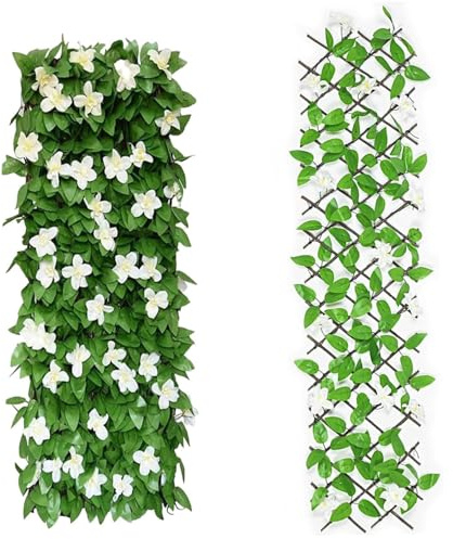 Schermata privacy per recinzione espandibile da 2 pezzi, edera artificiale con fiore, pannelli reticolari in legno da 79x7 pollici per balcone esterno, patio, portico, cortile, giardino, balcone, p
