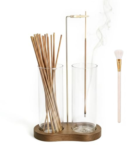 Quemador de Incienso 2 en 1, Porta Incienso invertido con 2 Vasos de Vidrio extraíbles y Pinzas metálicas, portainciensos Madera con Cepillo de Limpieza, Vertical Incense Holder para Yoga meditación